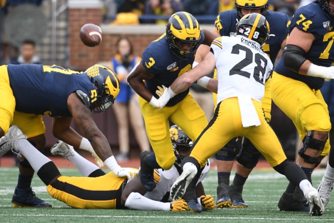 The Michigan Wolverines fumbled twice, including this one by redshirt freshman running back Christian Turner, but they were able to recover both this time. 