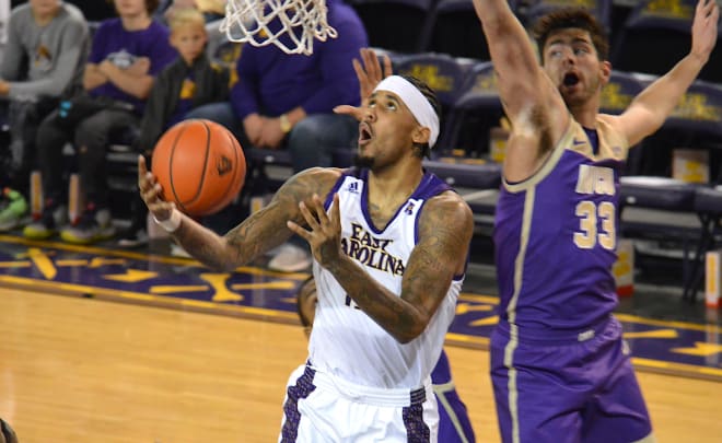 East Carolina forward Vance Jackson operates along the baseline against Western Carolina's Joe Petrakis.