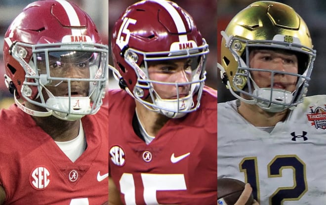 From left to right, Alabama quarterbacks Jalen Milroe, Ty Simpson and Tyler Buchner. Photos | USA TODAY NETWORK