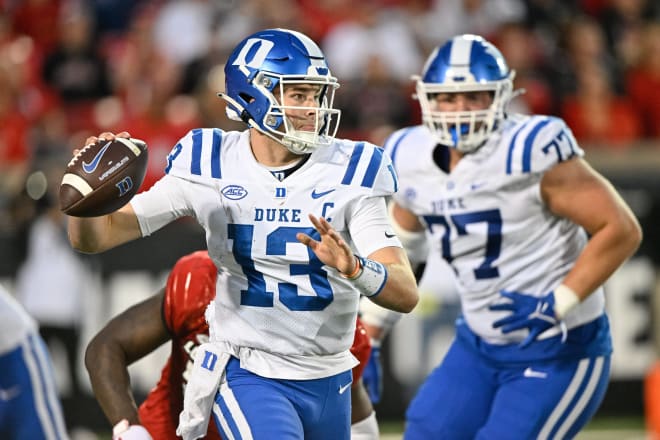 Duke's Riley Leonard winds up to pass against Louisville on Saturday. 