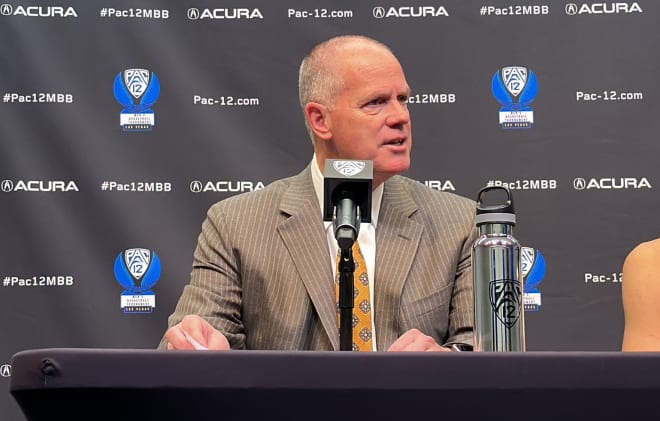 Tad Boyle speaks with reporters after Colorado's win over Utah at the Pac-12 Tournament Thursday night.