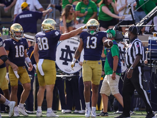 Notre Dame tight end Holden Staes (13) celebrates a touchdown reception against Tennessee State.