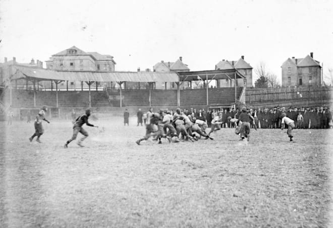 A picture of NC State's Riddick Stadium around 1910, the year that began a continuous annual game against Wake Forest.