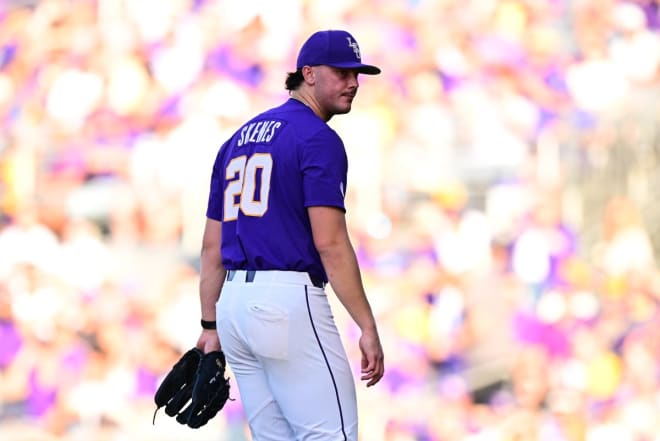 LSU starting pitcher Paul Skenes struck out nine and walked none in six innings in Friday's SEC series-opening win over Alabama in Alex Box Stadium.