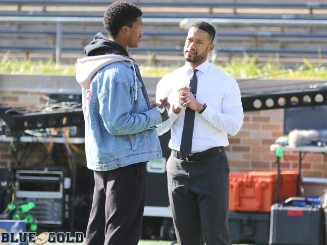 Notre Dame Fighting Irish football defensive coordinator Marcus Freeman with recruiting target Alex “Sonny” Styles