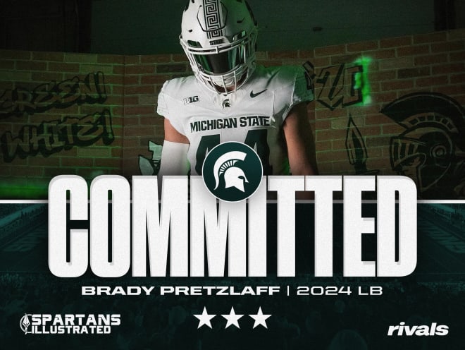 2024 linebacker Brady Pretzlaff commits to Michigan State (Graphic by Ben Sonday, original photo courtesy of Brady Pretzlaff/MSU Football)