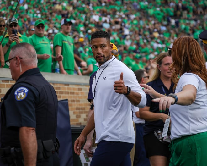 Marcus Freeman leaves the field Saturday with his first head-coaching victory, a 24-17 triumph over Cal at Notre Dame Stadium.