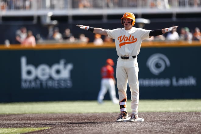 Cannon Peebles celebrates at second base during Tennessee baseball's win over Bowling Green on Mar. 3, 2024.