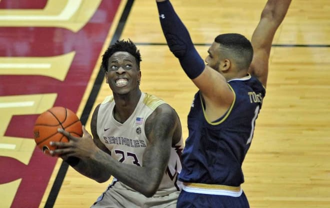 Florida State senior forward Jarquez Smith fights for position against Notre Dame.