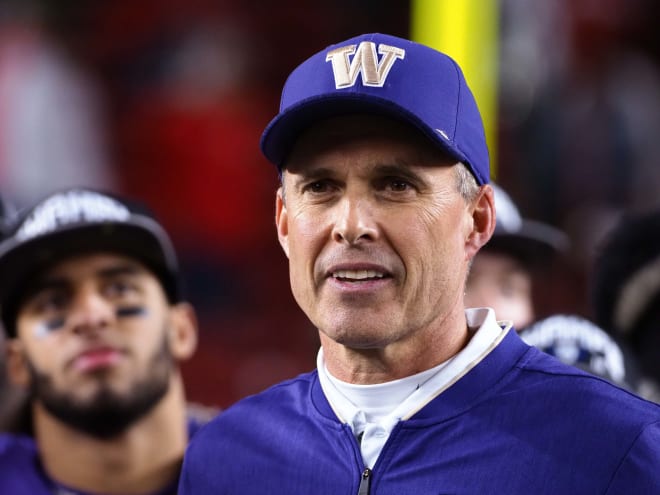 Washington Huskies head coach Chris Petersen on the stage after the win against the Utah Utes at Levi's Stadium. Photo Credit: Kelley L Cox-USA TODAY Sports