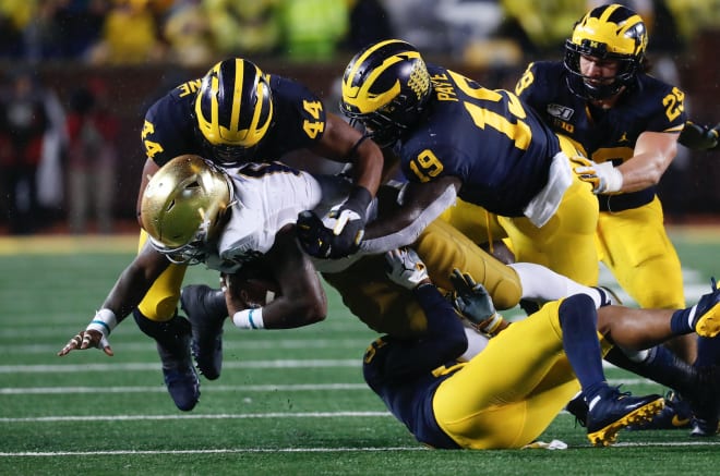 Michigan football redshirt freshman linebacker Cameron McGrone (No. 44) led the Wolverines with 12 tackles against Notre Dame and ranked third on the team in PFF defensive defensive. 