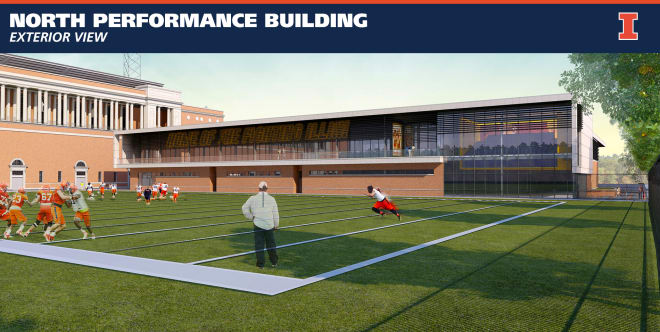 Artist rendering of the exterior of the new Illinois football performance center
