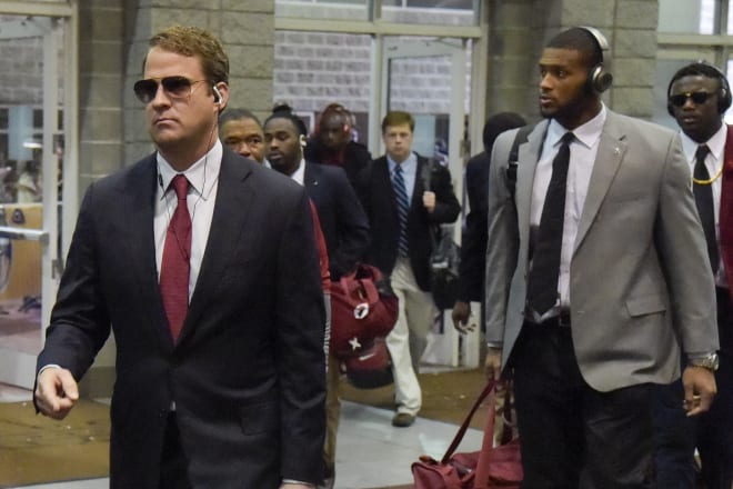 Alabama Crimson Tide offensive coordinator Lane Kiffin arrives with the team prior to the SEC Championship college football game against the Florida Gators at Georgia Dome. Photo | Dale Zanine-USA TODAY Sports