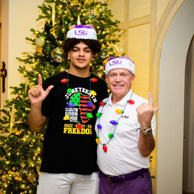 LSU head coach Brian Kelly did what it took -- even hanging Christmas tree lights around his neck - to land Ohio tight end Jackson McGohan as one of the Tigers' 25 freshmen signees on Wednesday.