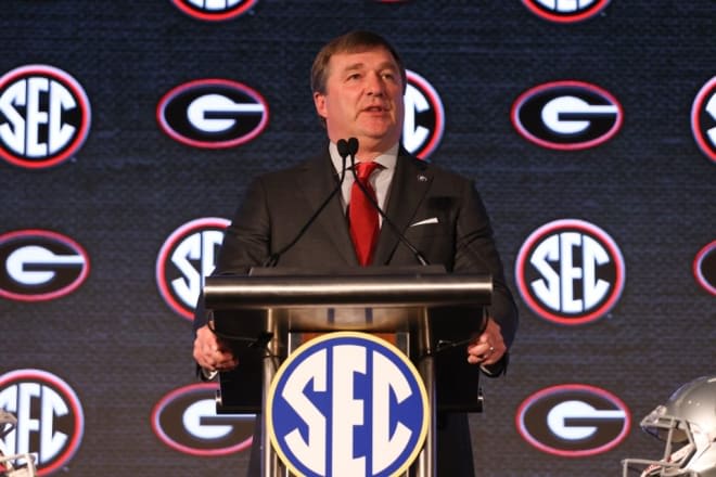 Kirby Smart speaks at SEC Media Days Tuesday morning. 