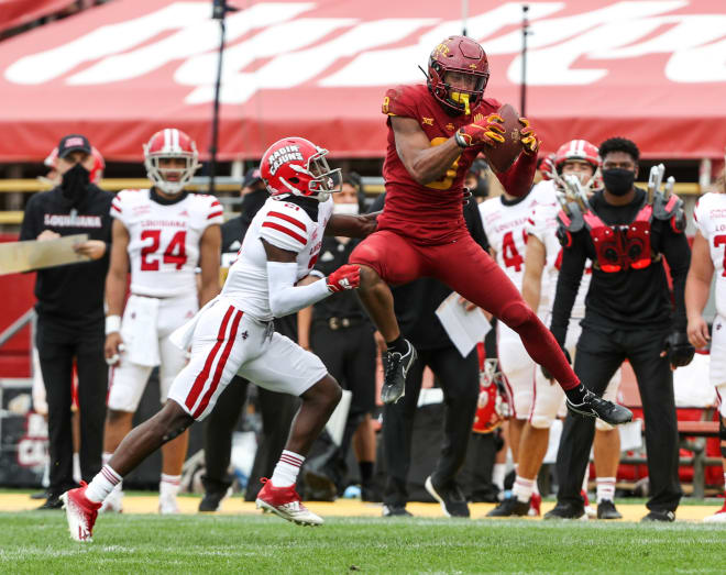 Iowa State Cyclones wide receiver Xavier Hutchinson (8) catches a pass in front of Louisiana-Lafayette Ragin Cajuns cornerback Trey Amos (21) at Jack Trice Stadium. The Ragin Cajuns beat the Cyclones 31 to 14. Photo | Reese Strickland-USA TODAY Sports