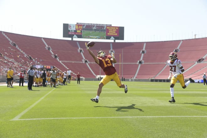 Freshman wide receiver Michael Jackson III hauls in a one-handed touchdown catch from freshman QB Jaxson Dart on the final play of the day.