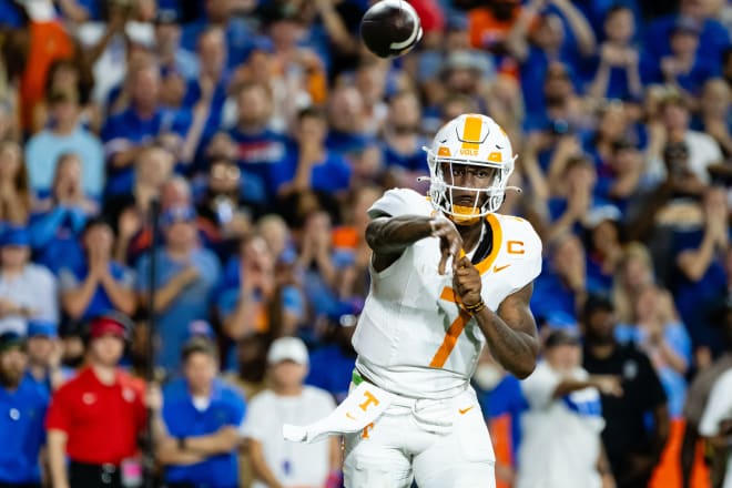 Sep 16, 2023; Gainesville, Florida, USA; Tennessee Volunteers quarterback Joe Milton III (7) throws the ball during the first half between the Florida Gators and Tennessee Volunteers at Ben Hill Griffin Stadium.