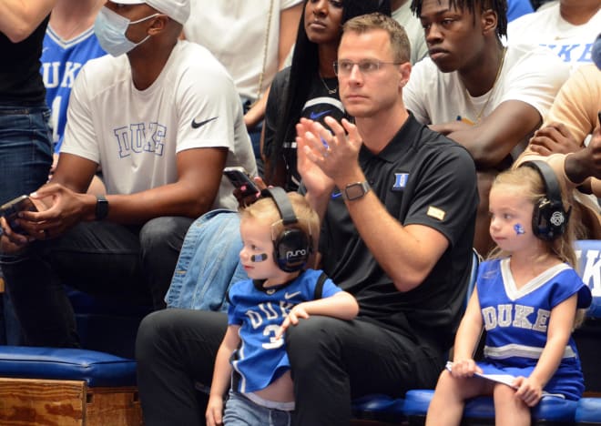 Jon Scheyer watches Duke warm up during Countdown to Craziness last week. 