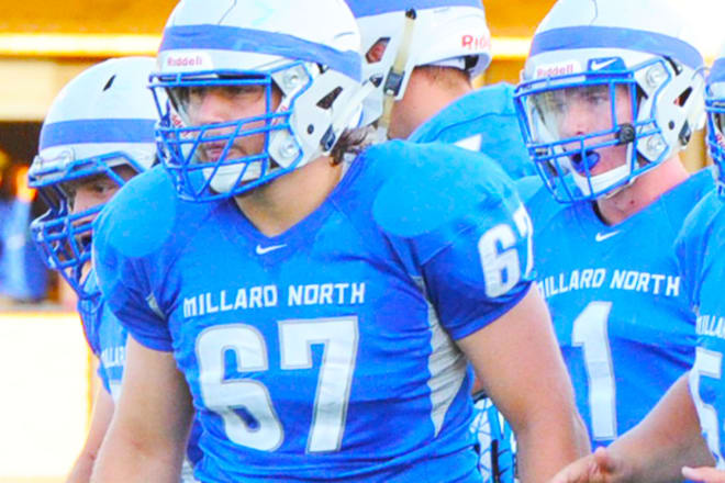 He may or may not play before Oct. 1 due to injury but when he does Millard North senior center Brandon Eastlack (67) will be one of Class A's best players.
