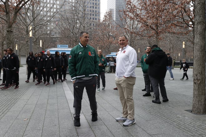 Head Coach Mario Cristobal (Miami) with Head Coach Greg Schiano (Rutgers)