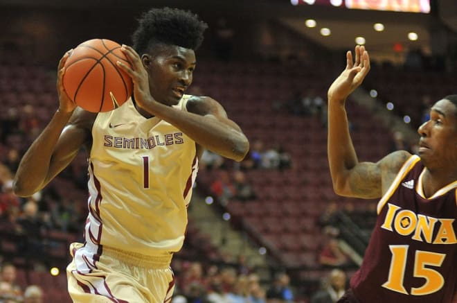 Freshman forward Jonathan Isaac looks for an opening in his team's win over Iona on Tuesday at the Tucker Center.
