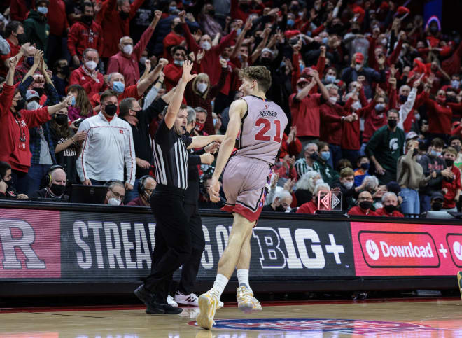 Feb 5, 2022; Piscataway, New Jersey, USA; Rutgers Scarlet Knights forward Dean Reiber (21) reacts after making a three point basket against the Michigan State Spartans during the second half at Jersey Mike's Arena.