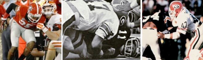 A few of Georgia's greatest one-time walk-ons laying the wood (L to R): AARON DAVIS on Clemson's Stanton Seckinger, JIM GRIFFITH on Vandy quarterback Mike Wright, and NATE TAYLOR on legend Bo Jackson.