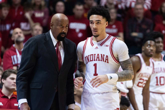 Indiana Hoosiers head coach Mike Woodson and guard Jalen Hood-Schifino (1) in the second half against the Purdue Boilermakers at Simon Skjodt Assembly Hall.