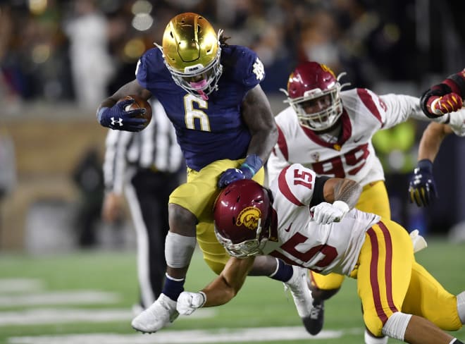Sophomore safety Talanoa Hufanga, pictured here against Notre Dame, was injured in USC's win over Arizona on Saturday.
