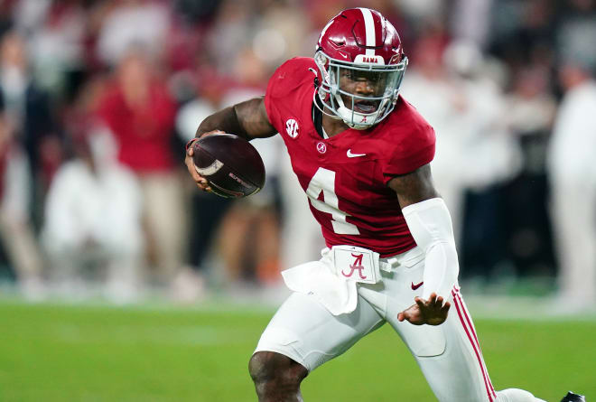 Alabama Crimson Tide quarterback Jalen Milroe (4) scrambles up the field against the LSU Tigers during the second half at Bryant-Denny Stadium. Alabama Crimson Tide defeated the LSU Tigers 42-28. | Photo: John David Mercer-USA TODAY Sports