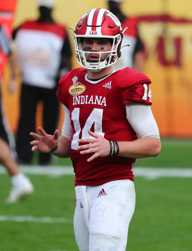 Jan 2, 2021; Tampa, FL, USA; Indiana Hoosiers quarterback Jack Tuttle (14) against the Mississippi Rebels during the second half at Raymond James Stadium. (Kim Klement-USA TODAY Sports)