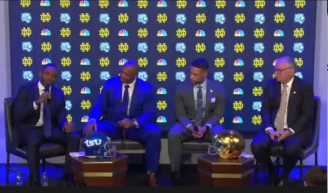 Tennessee State athletic director Mikki Allen (from left), TSU coach Eddie George, ND coach Marcus Freeman and ND athletic director Jack Swarbrick at a Wednesday press conference.