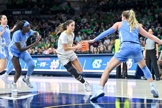 Notre Dame guard Sonia Citron (center) scored a game-high 18 points Sunday on Notre Dame's 61-57 home loss to North Carolina. 