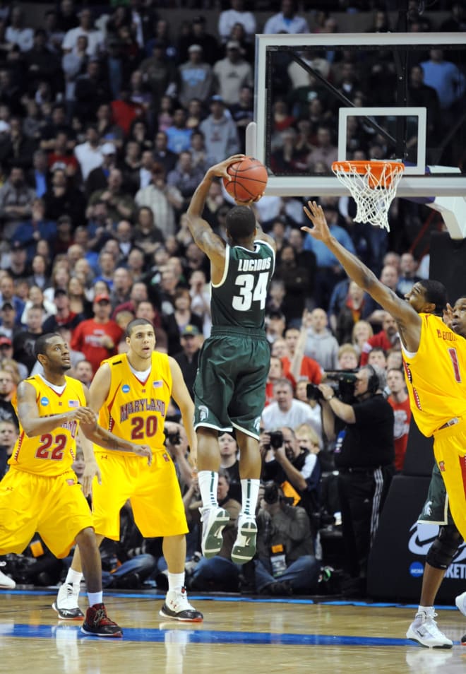 Michigan State Spartans guard Korie Lucious (34) hits the game winning shot with 0.7 seconds left in the game against the Maryland Terrapins in the second round of the 2010 NCAA mens basketball tournament at the Spokane Veterans Arena.