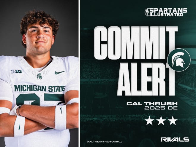 Class of 2025 defensive end Cal Thrush has committed to Michigan State. (Graphic by Ben Sonday and original photo courtesy of Cal Thrush/MSU Football)