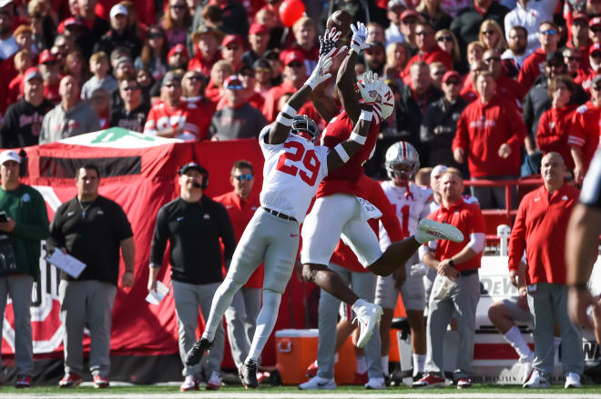 Nebraska wide receiver Omar Manning goes up for a catch against Ohio State's Denzel Burke