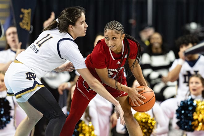 The game's top scorers, Notre Dame's Sonia Citron (11) and Louisville's Jada Curry square off Friday during ND's 77-68 ACC Tourney victory.