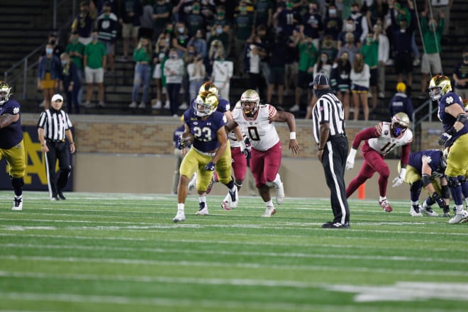 Notre Dame's offensive line helped propel Kyren Williams (23) to 185 rushing yards.