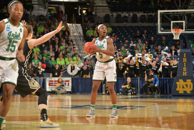 Freshman Jackie Young (No. 5) helped spark the overtime win over Purdue with 16 points, six rebounds and four assists.