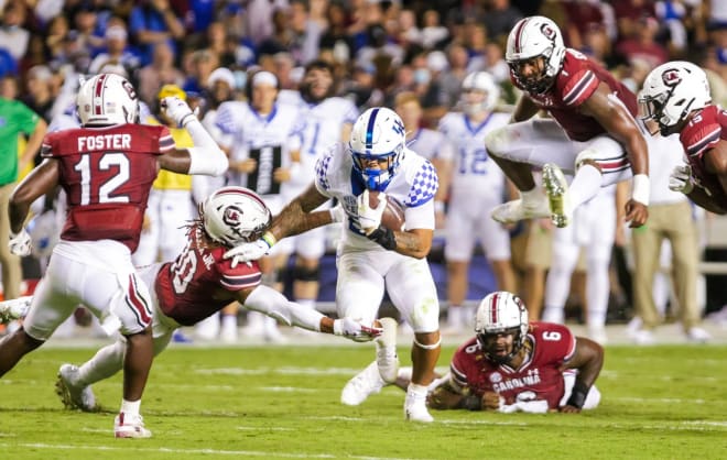 Kentucky running back Chris Rodriguez split the South Carolina defense for some of his 144 yards rushing on the night.