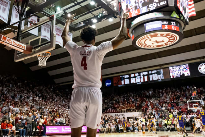 Alabama forward Noah Gurley (4) celebrates a teammates three pointers against LSU at Coleman Coliseum Saturday. Alabama defeated LSU 106-66. Photo | Gary Cosby Jr.-Tuscaloosa News / USA TODAY NETWORK