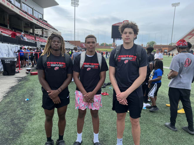 2024 DE/TE Darius Wiley (right) during Western Kentucky's prospect camp this month.