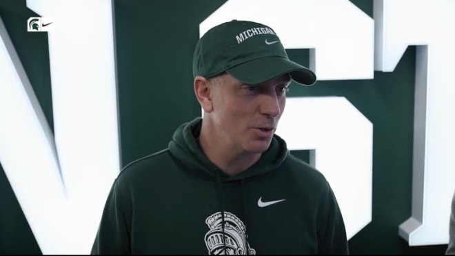 Screen capture of Michigan State offensive coordinator/quarterbacks coach Brian Lindgren speaking to the media on April 9, 2024. (Courtesy of Michigan State Athletics)