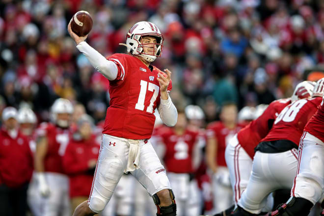 Notre Dame Fighting Irish football graduate transfer quarterback Jack Coan during his time at Wisconsin