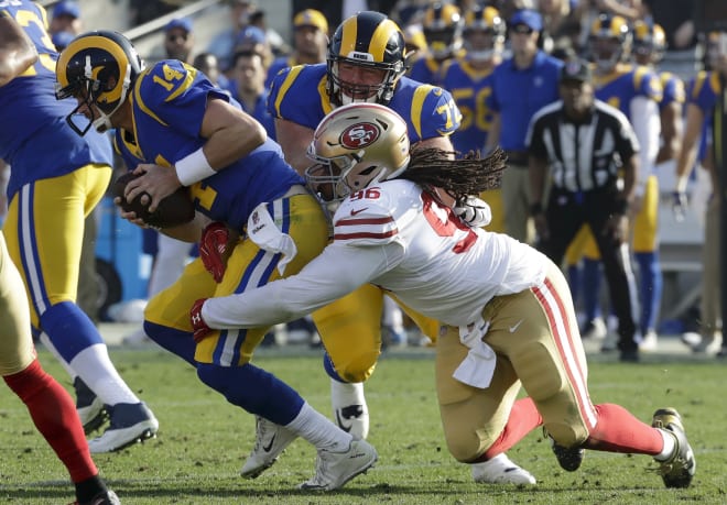 Former Notre Dame defensive tackle Sheldon Day making a tackle for the San Francisco 49ers