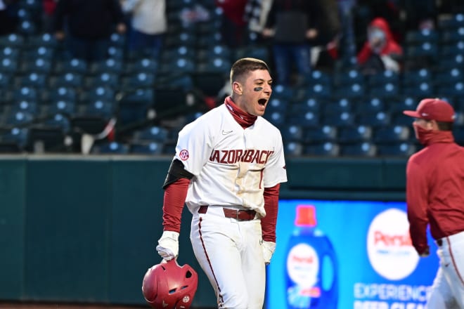 Robert Moore hit a pair of home runs in Arkansas' comeback win over Murray State on Friday.