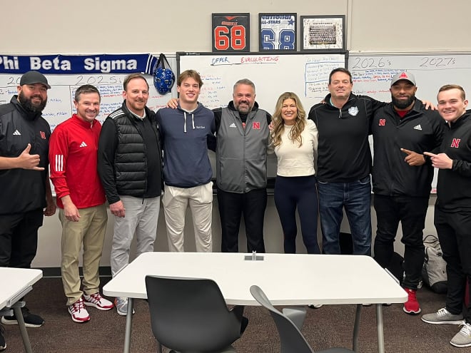 Dillon Duff takes in a visit with Nebraska's offensive staff Tuesday at De Smet Jesuit High School in Missouri. (Photo courtesy of Dillon Duff/X)