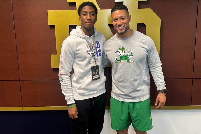 Simeon Caldwell, pictured above with Notre Dame head coach Marcus Freeman, landed on the Irish radar last month by reporting an offer on Pot of Gold Day. He visited campus for the first time last weekend and said the experience surpassed his expectations.