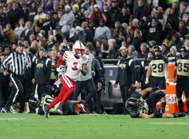 Nebraska Cornhuskers wide-receiver Trey Palmer (3) breaks through the Boilermaker defense during the NCAA football game against the Purdue Boilermaker, at Ross-Ade Stadium, on Oct. 15, 2022, in West Lafayette, Ind 